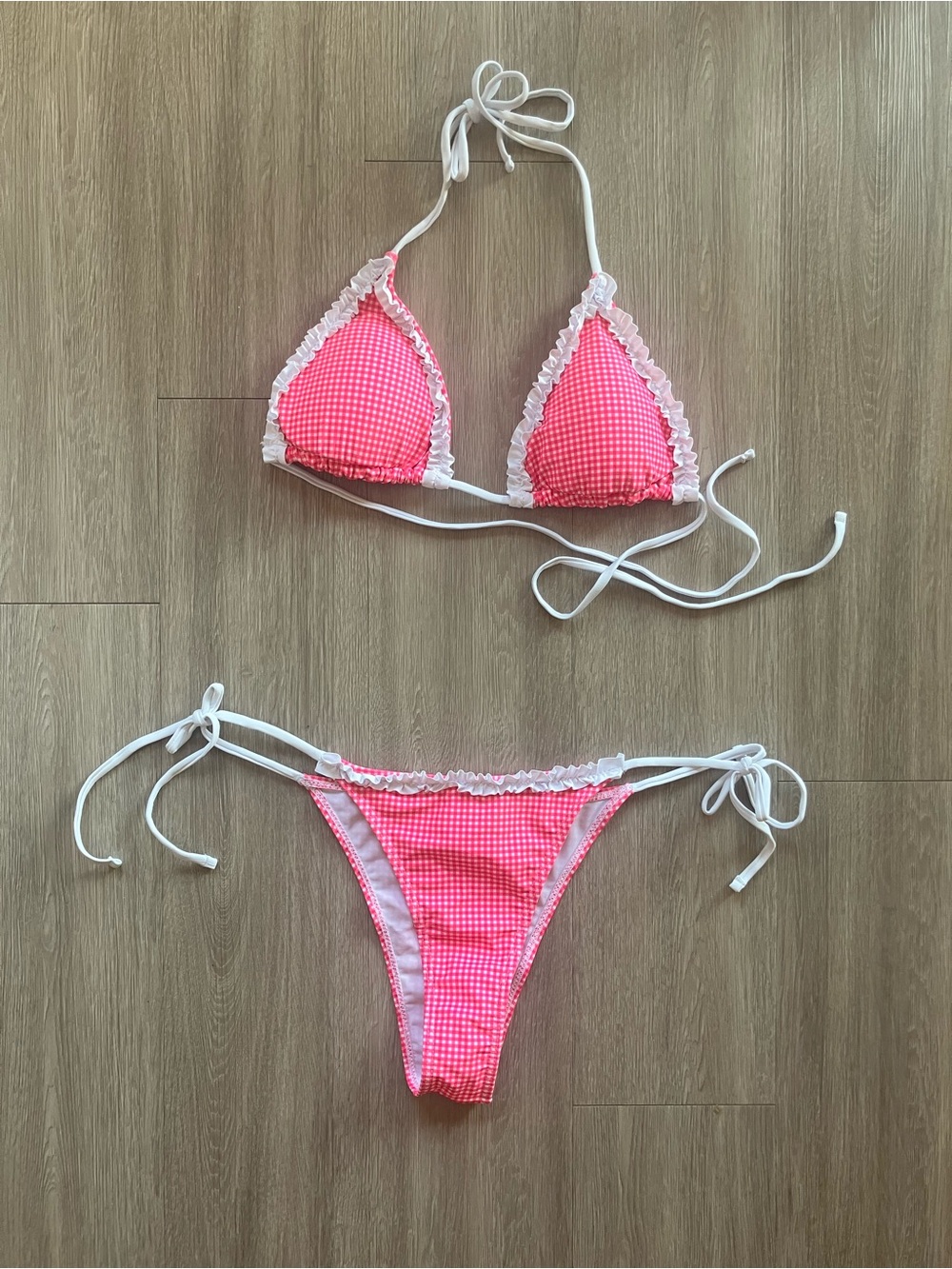 SHEIN Pink Gingham Ruffle Tie Triangle Bikini Set